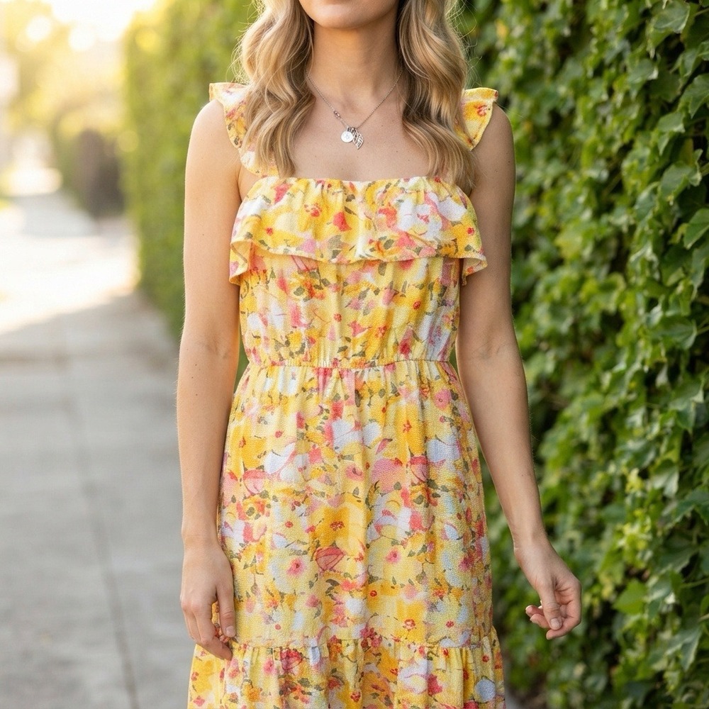 LC Lauren Yellow Floral Ruffle Sun Dress Linen Blend Women L Cottagecore Peasant